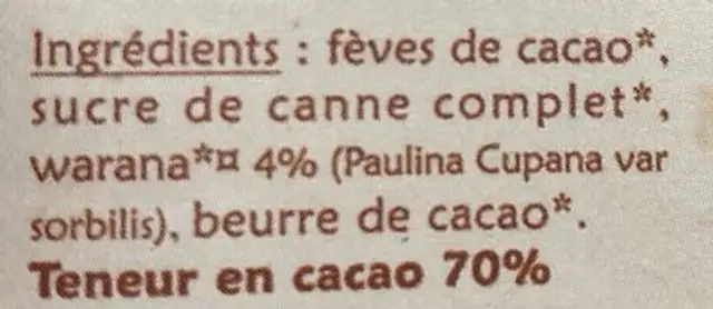 Chocolat noir au Warana BIO - Tablette ingredients label