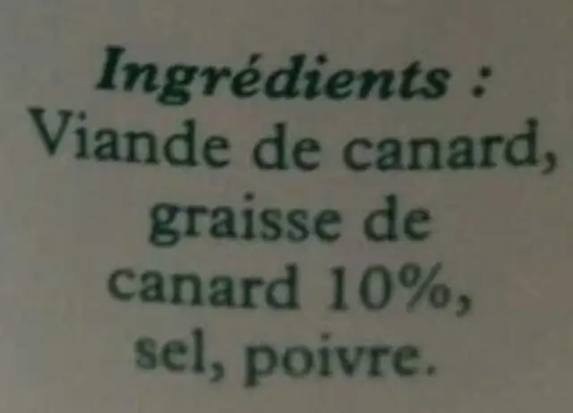 Rillettes de Canard ingredients label