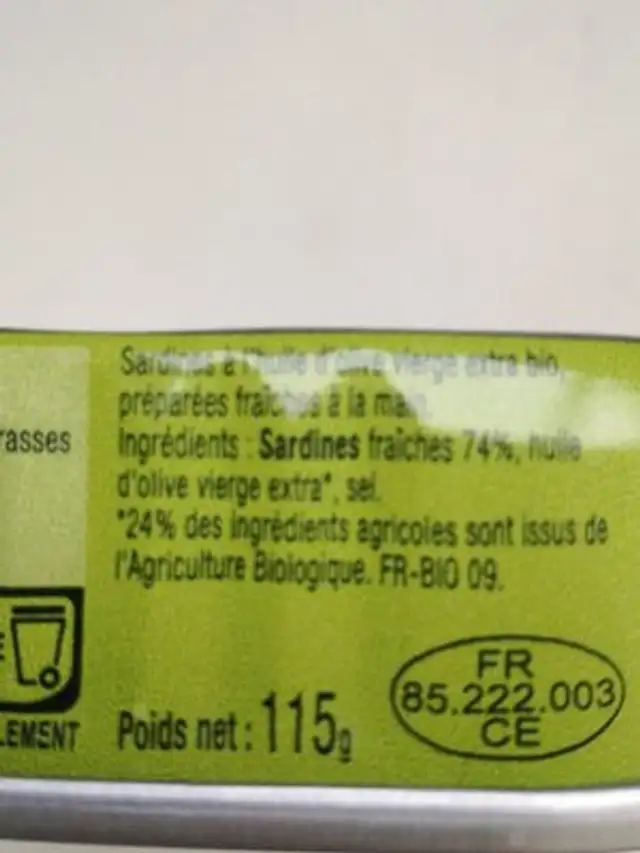 Sardines à l'huile d'olive bio ingredients label