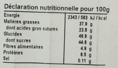 Chocolats nutrition facts table