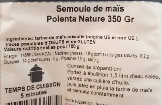 Polenta ingredients label