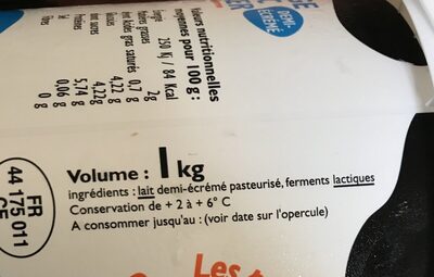 Fromage blanc demi écrémé ingredients label