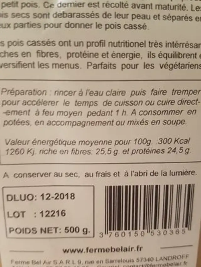 Pois cassés ingredients label