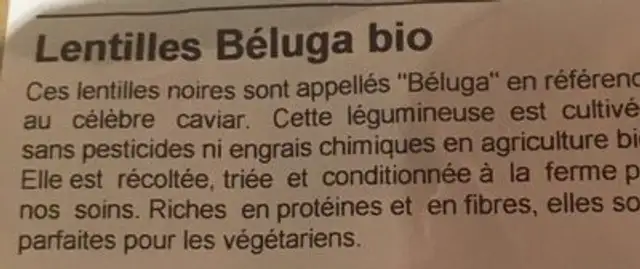 Beluga - variété locale de lentilles noires ingredients label