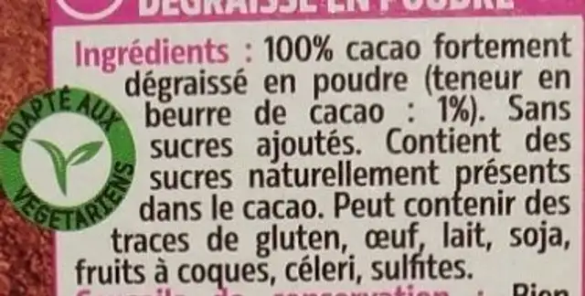 Cacao en poudre 1% M.G et 1% sucres ingredients label