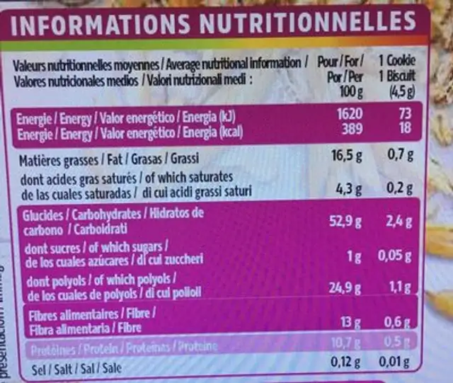 Mini Cookies aux Pepites de Chocolat nutrition facts table