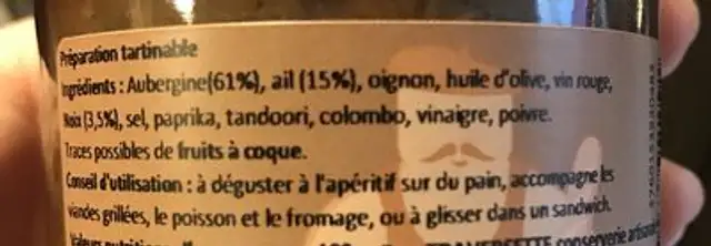 Tartine Aubergine ail noix ingredients label