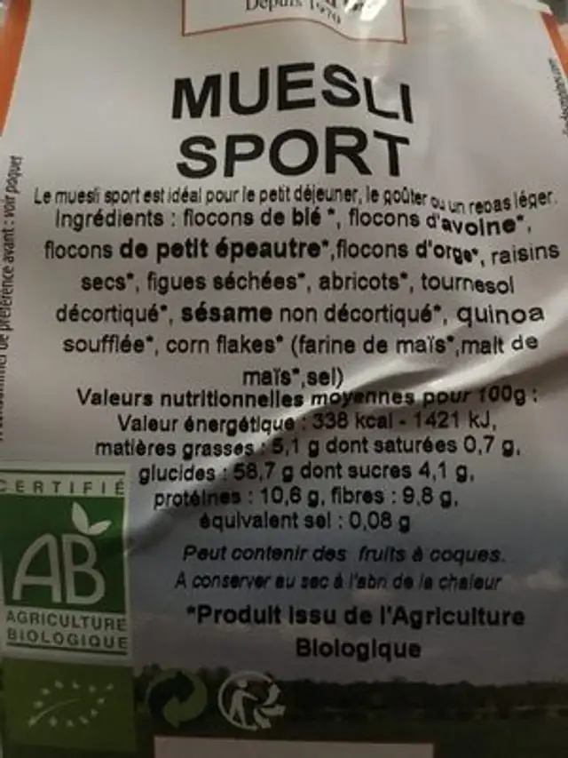 Muesli sport ingredients label