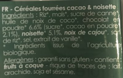 Céréales fourrées cacao et noisette ingredients label