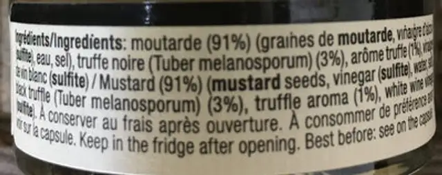 Préparation à base de moutarde et truffe noire ingredients label