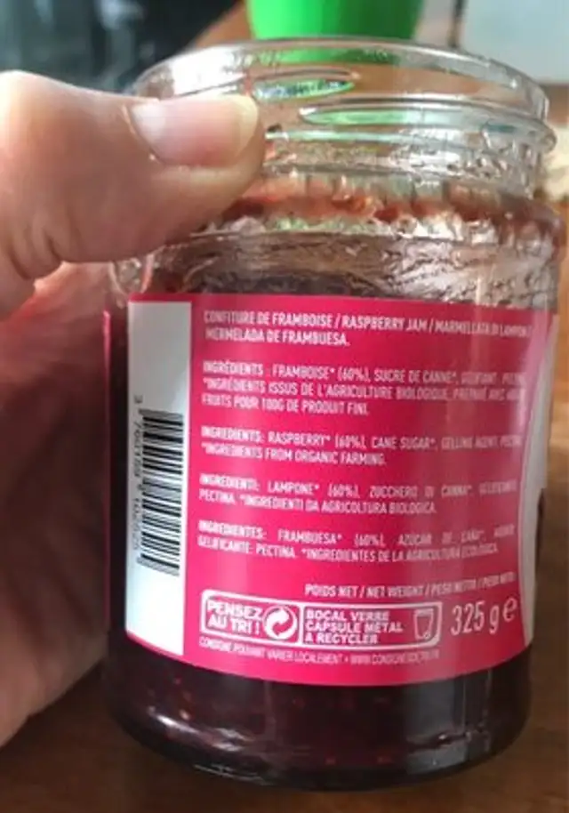 Confiture framboises ingredients label
