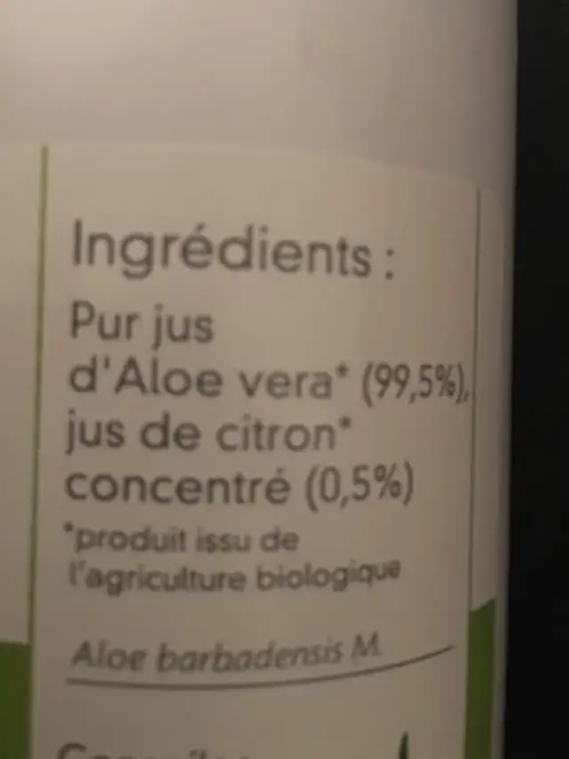 Jus d'aloe vera ingredients label