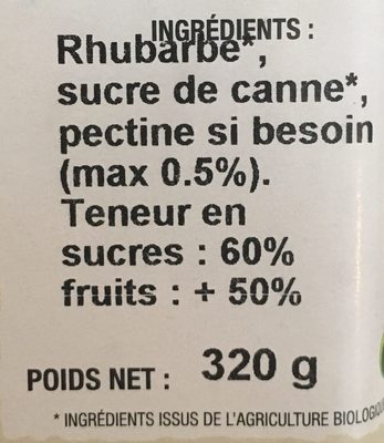 Confiture Rhubarbe ingredients label