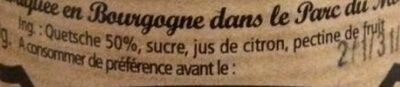 Confiture artisanale Quetsche ingredients label