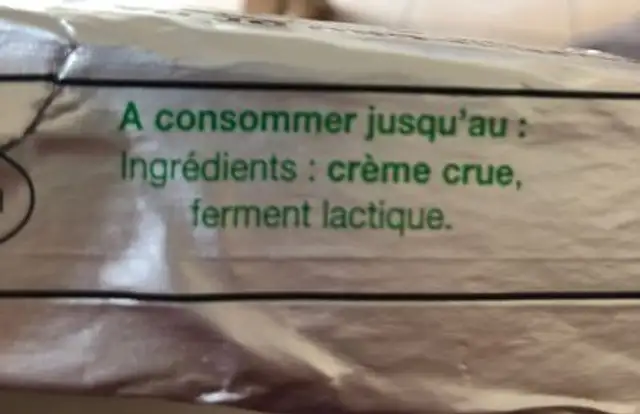 Beurre cru de baratte 82% M.G. ingredients label