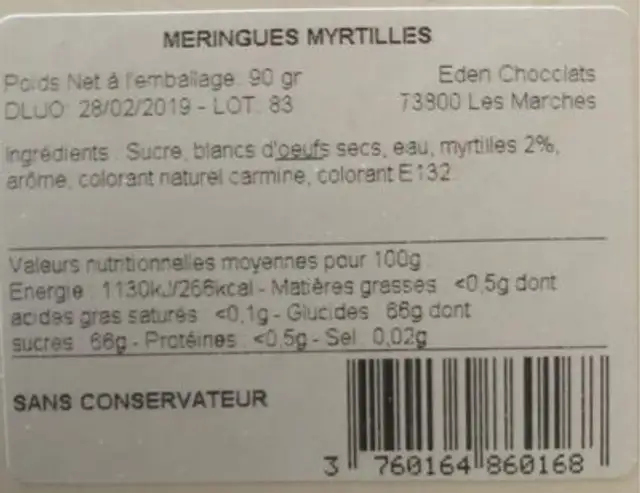 Meringues Myrtille nutrition facts table