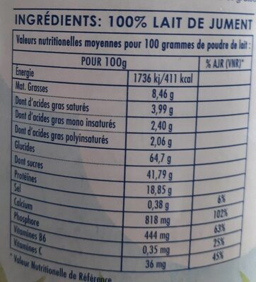 Lait De Jument Poudre Boite nutrition facts table