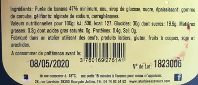 Sorbet plein fruits banane ingredients label