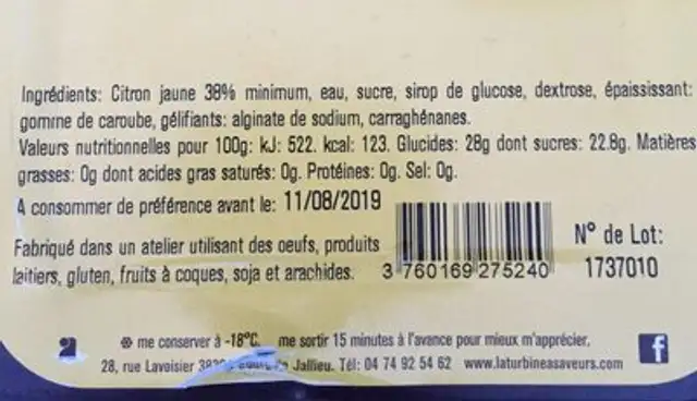 Sorbet Citron Jaune ingredients label
