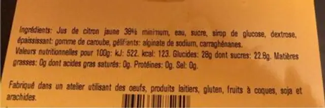Sorbet Citron Jaune nutrition facts table