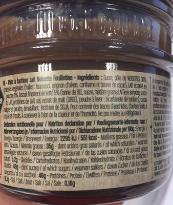Pâte à tartiner lait feuilletine nutrition facts table