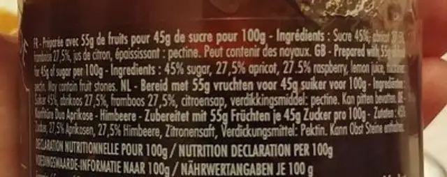 Confiture duo Abricot-Framboise ingredients label