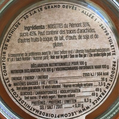 Praliné à tartiner noisettes du Piémont nutrition facts table