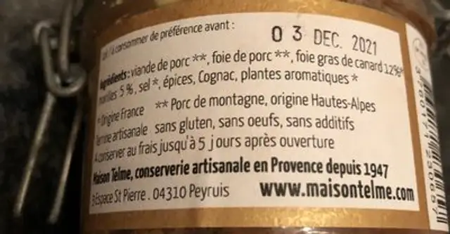 La Terrine au Foie Gras et Morille ingredients label
