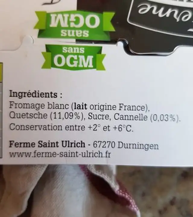 Fromage blanc sur coulis de Quetsche Cannelle ingredients label