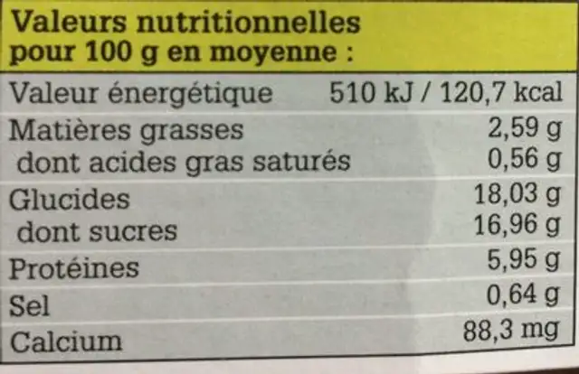 Fromage blanc sur coulis de Quetsche Cannelle nutrition facts table