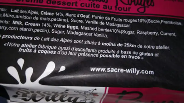 La Panna Cotta Fruits Rouges ingredients label