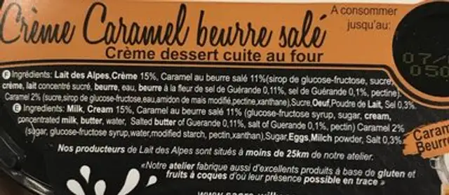 Crème caramel beurre salé ingredients label