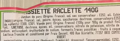 Assiette raclette ingredients label