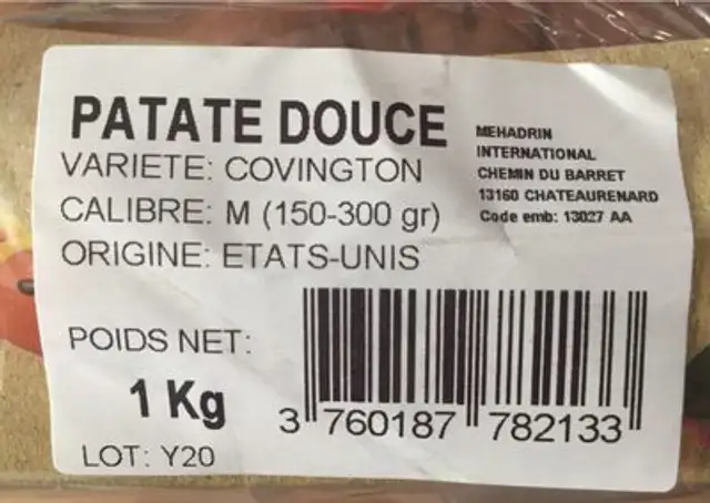 Patate douce ingredients label