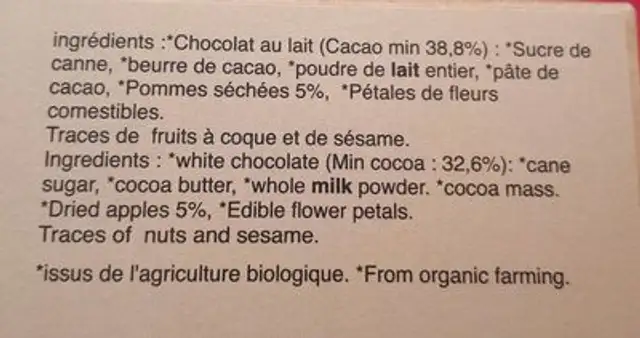 Chocolat au lait aux pommes ingredients label