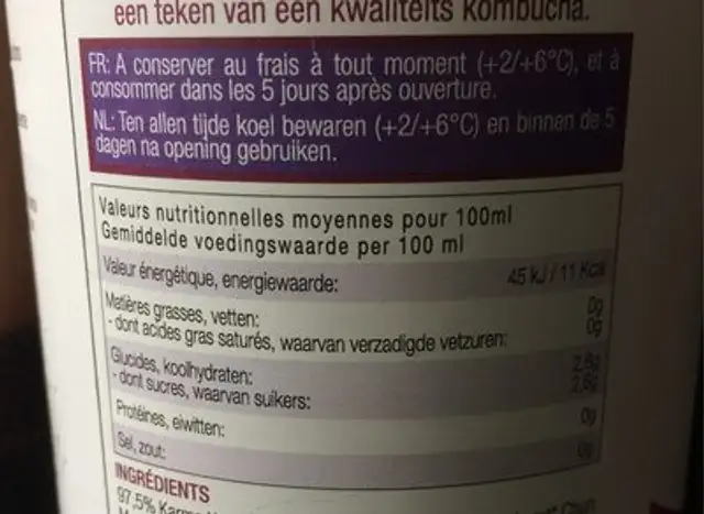 Kombucha Lemon nutrition facts table