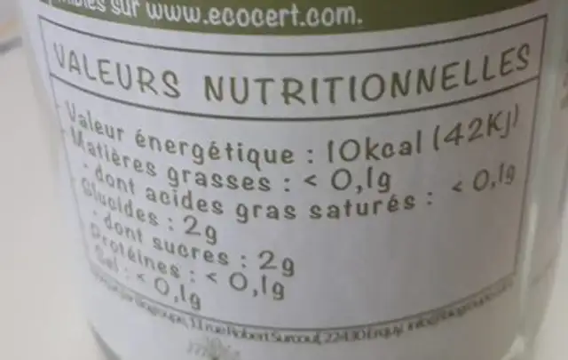 Kombucha nutrition facts table