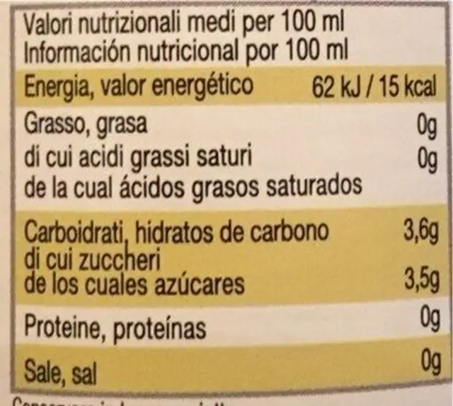 Karma Aloe Vera nutrition facts table