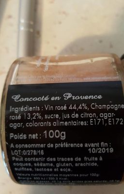 Confit de vin au champagne rosé ingredients label