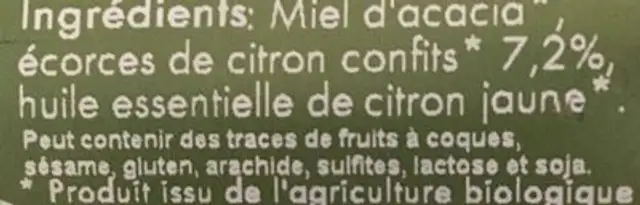 Préparation à base de Miel & Écorces de Citron Bio ingredients label
