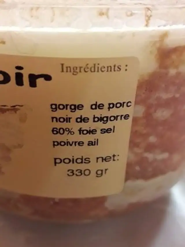 Pâté au porc noir de Bigorre ingredients label