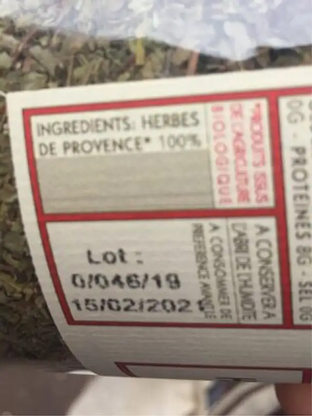 Herbes de Provence bio ingredients label