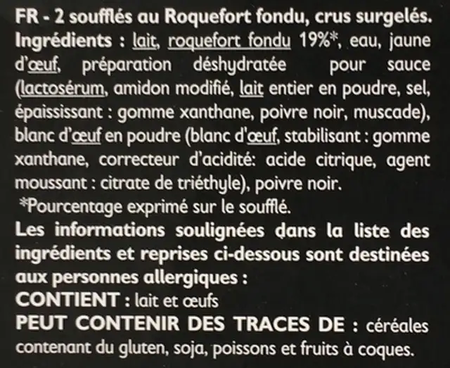 2 soufflés au Roquefort ingredients label