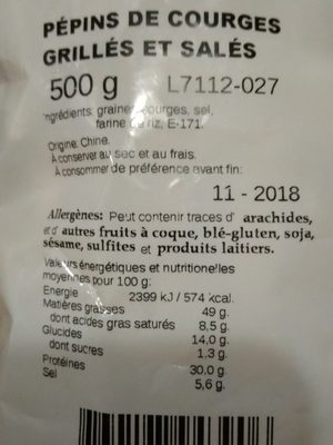 Pépins de courges grillés et salés ingredients label