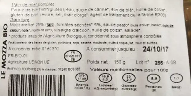 Sandwichs Le Mozza ingredients label
