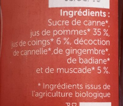 Sirop de Noël Bio ingredients label