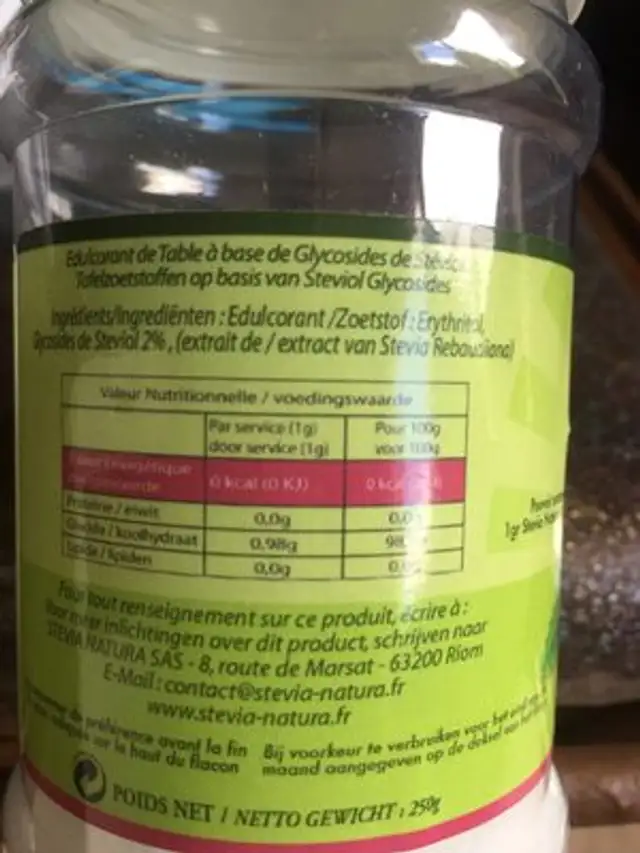 Stevia natura ingredients label