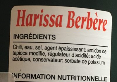 Harissa Berbère ingredients label