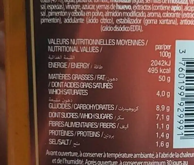 Sauce andalouse nutrition facts table