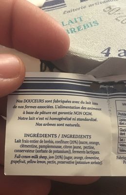 Douceur brebis 4 agrumes ingredients label